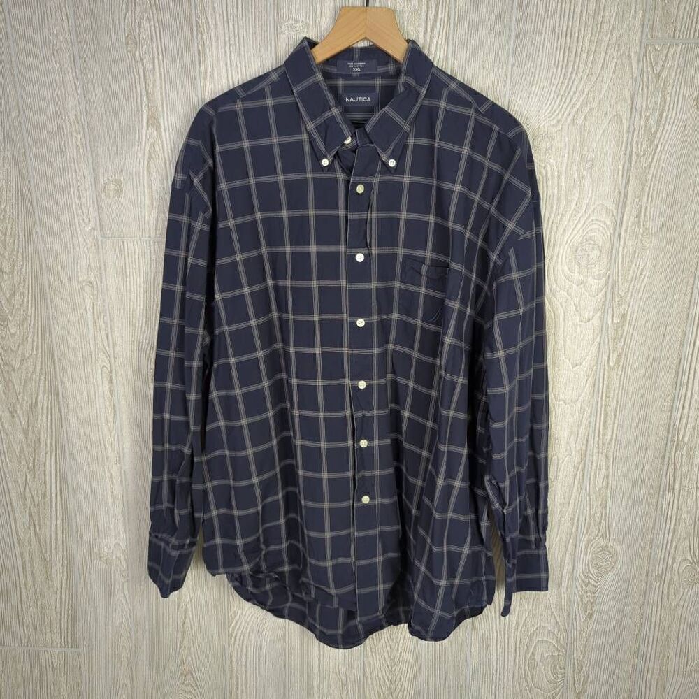 Nautica Mens Size XXL Button Front Shirt Blue Plaid Long Sleeve 100% Cotton